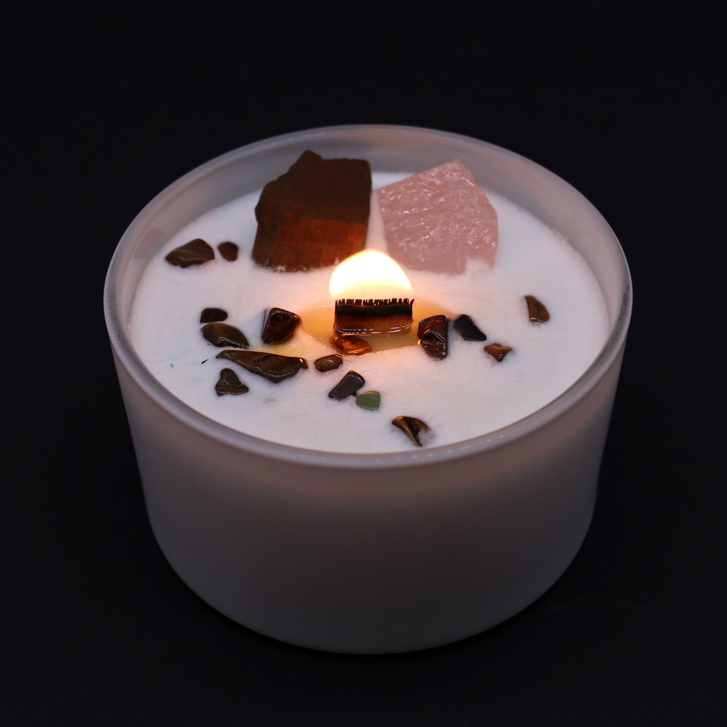 Sacral Chakra Candle with Tiger Eye & Rose Quartz Crystals