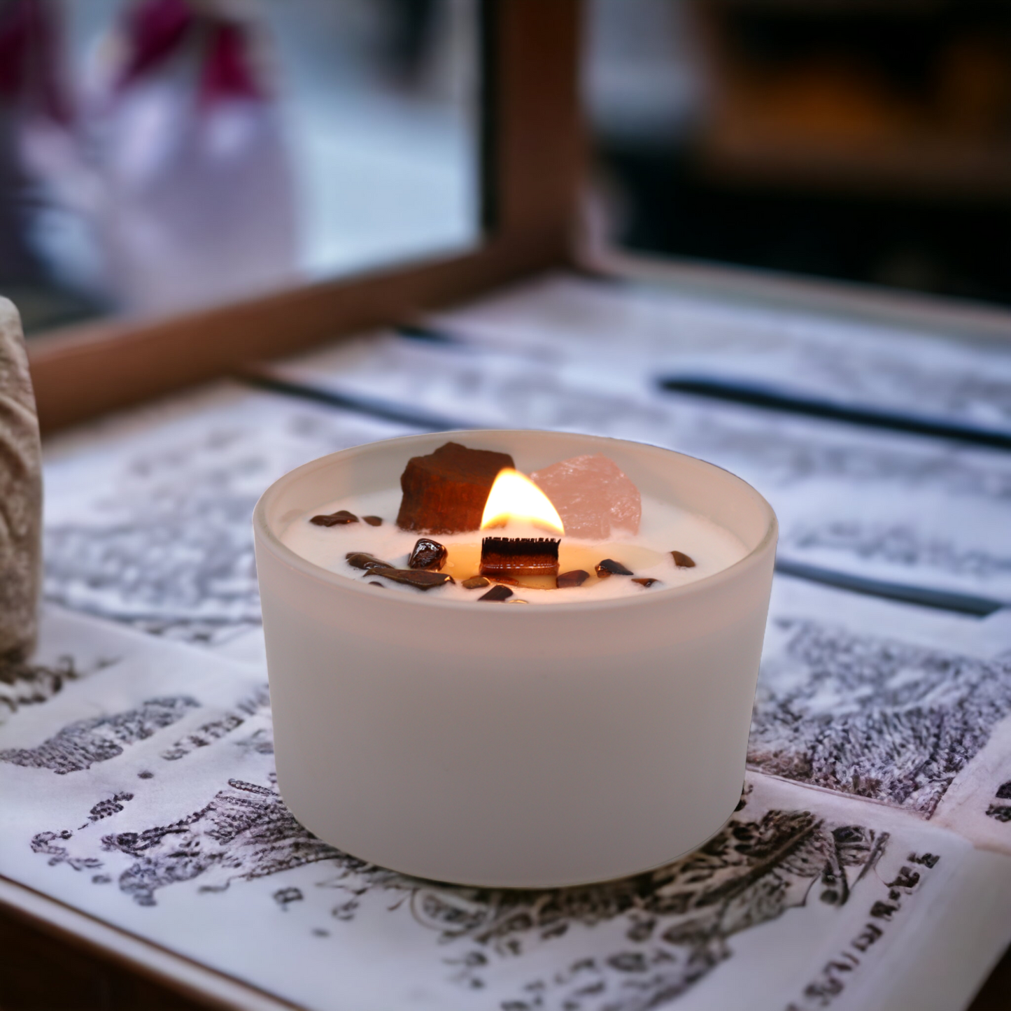 Sacral Chakra Candle with Tiger Eye & Rose Quartz Crystals