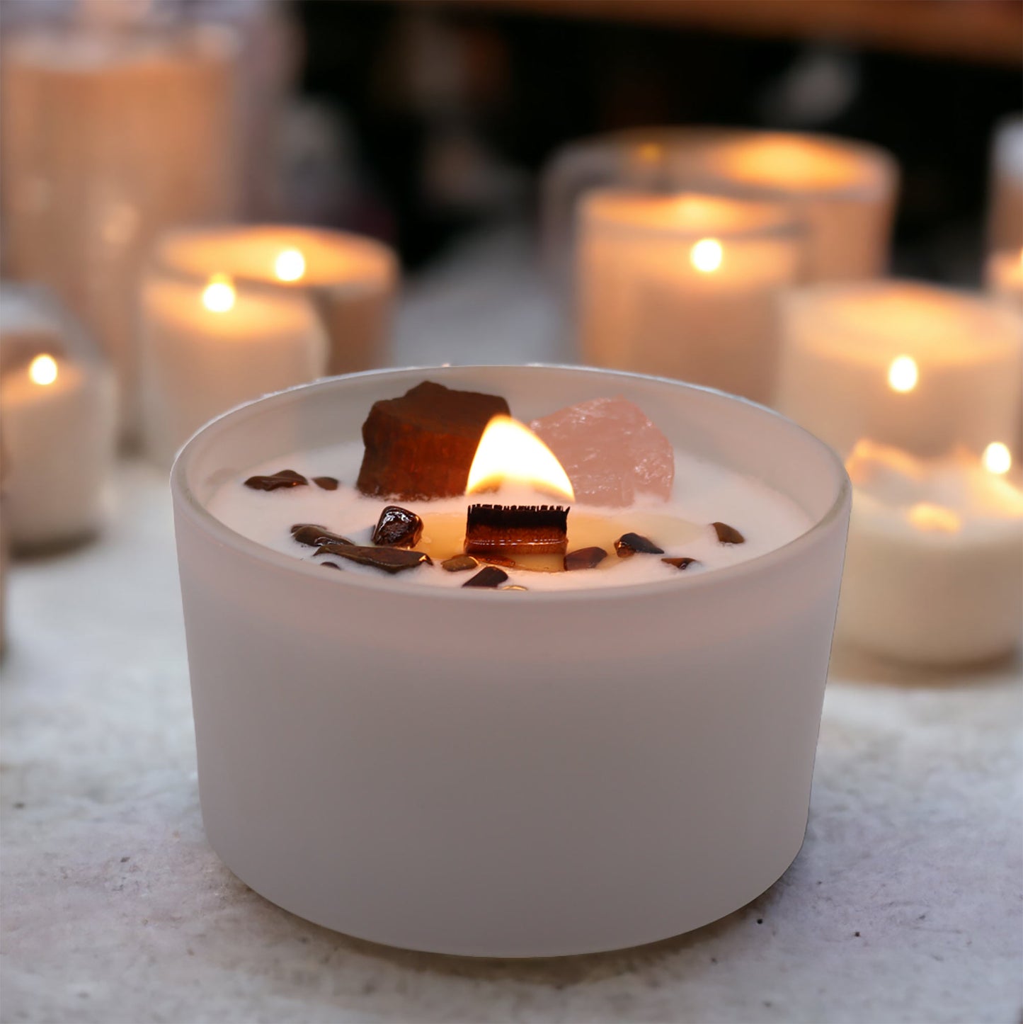 Sacral Chakra Candle with Tiger Eye & Rose Quartz Crystals